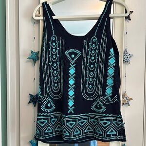 Sundance navy top with turquoise embroidery and beads. M